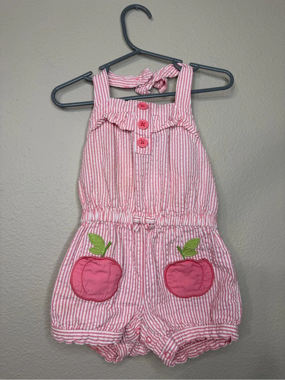 Gymboree Pink and White Striped Apple Pocket Romper